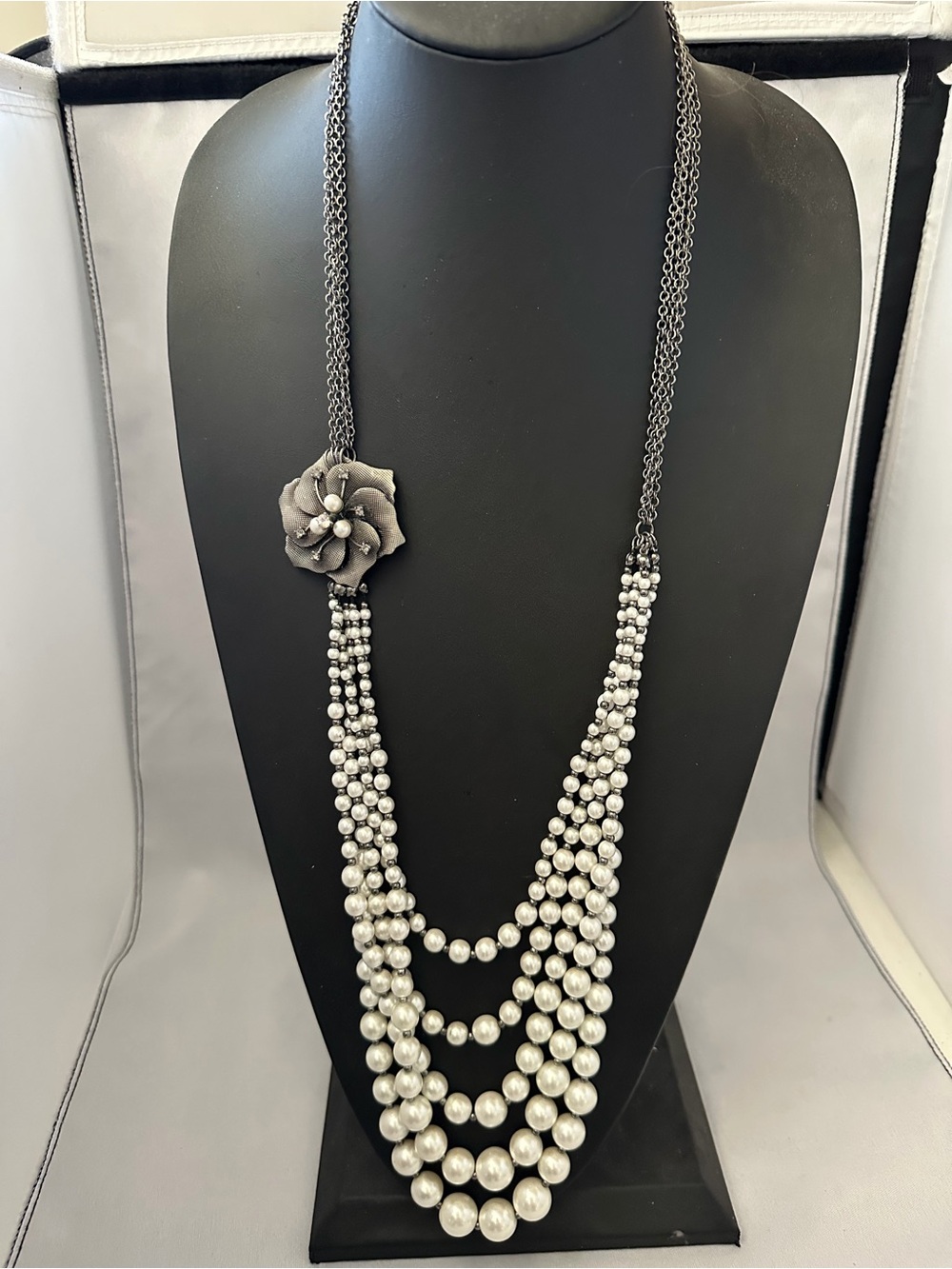 New York & Company Silver Multi-Strand Pearl Necklace with Gray Flower